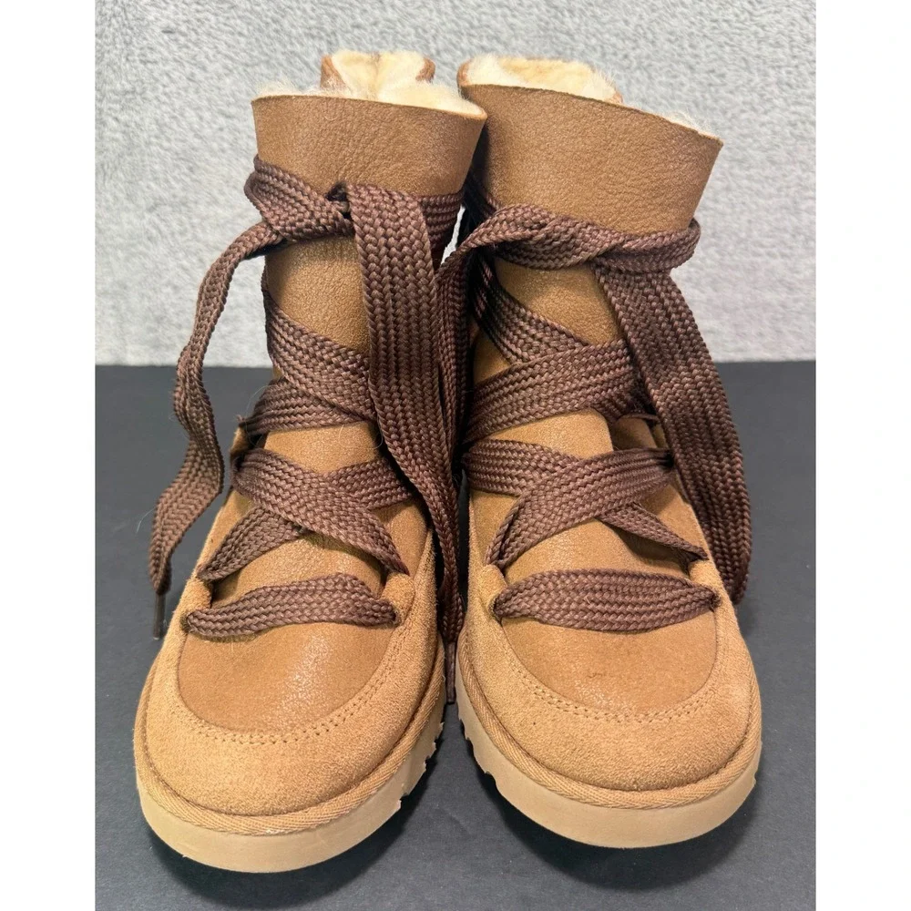 UGG Wedge Boots Women Sz 7.5 Chestnut Brown Suede Shearling Femme Lace Up Ankle
